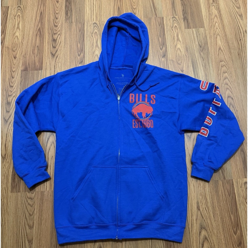 Buffalo Bills Hoodie Mens Large Junk Food Full Zip NFL Sleeve Spellout Blue